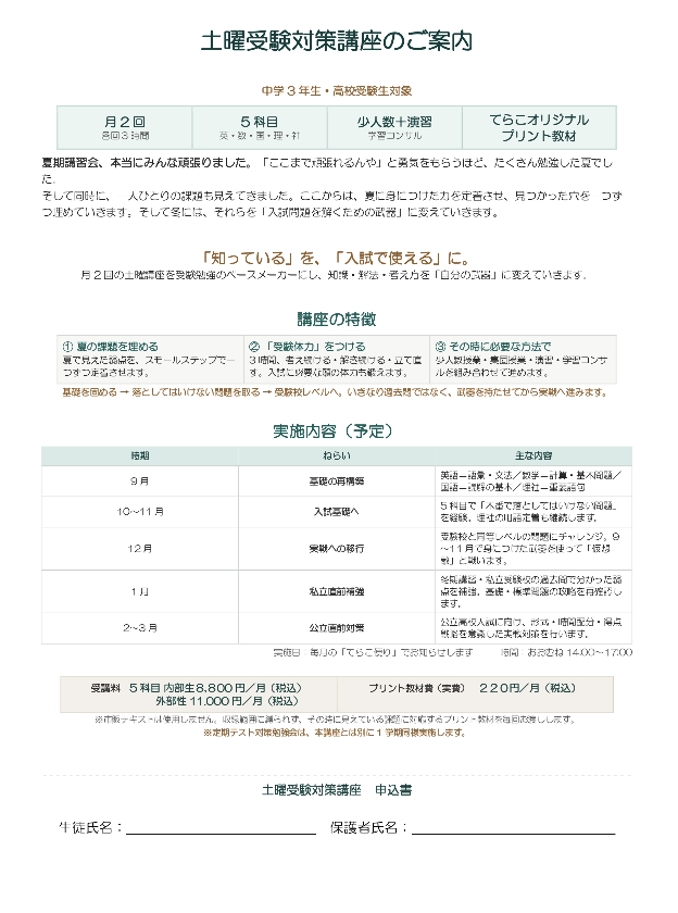 土曜受験対策講座案内(HP)